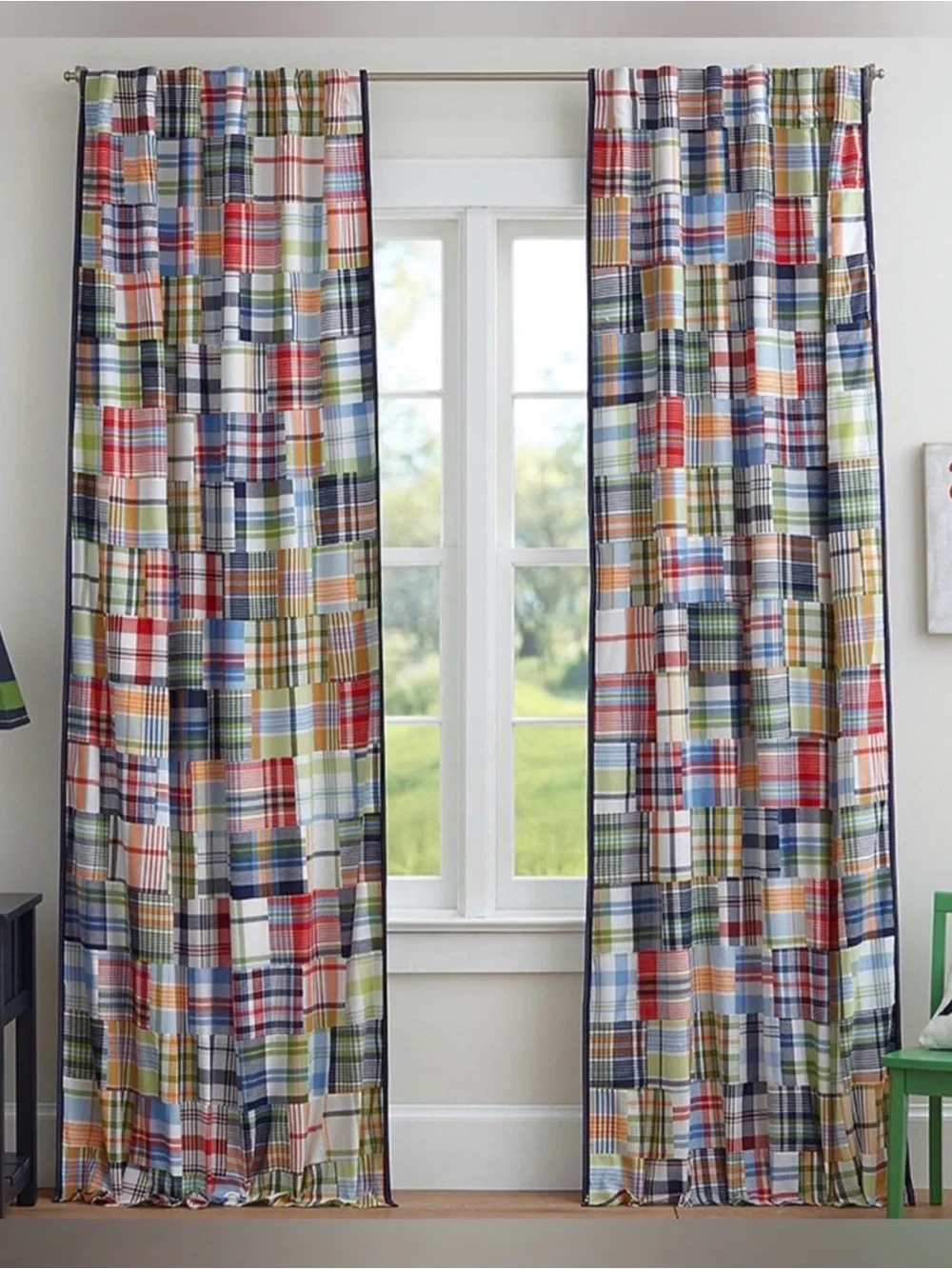Pair POTTERY BARN KIDS MADRAS Plaid Patchwork Cotten Blackout CURTAINS 44x84 (2)